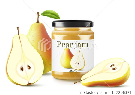 Glass jar with pear Jam isolated on white . Homemade fruit jam, natural organic product. Jar with cap and label. White strip with text and pattern with fruits. Realistic 3d vector illustration 137296371