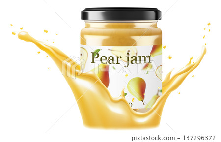 Glass jar with pear Jam in a splash of pear juice isolated on white. Homemade jam, natural organic product. Jar with cap and label. White strip with text and pattern with fruits. Realistic 3d vector Glass jar with pear Jam in a splash of pear juice isolated on white. Homemade jam, natural organic product. Jar with cap and label. White strip with text and pattern with fruits. Realistic 3d vector 137296372