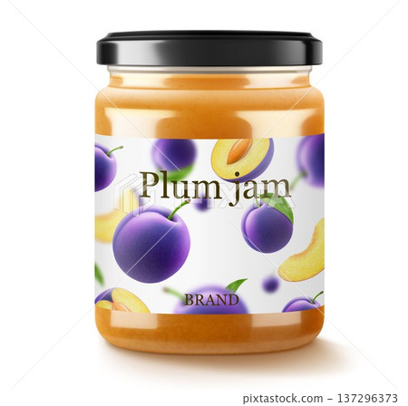Glass jar with plum jam isolated on white background. Jar of marmalade from juicy blue plums. fresh fruits with leaves. Organic food. Label mockup for jam. Realistic 3d vector illustration Glass jar with plum jam isolated on white background. Jar of marmalade from juicy blue plums. fresh fruits with leaves. Organic food. Label mockup for jam. Realistic 3d vector illustration 137296373