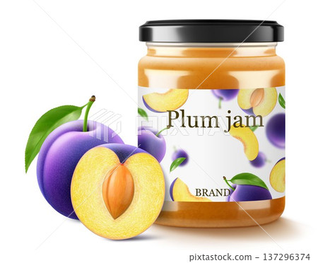 Glass jar with plum jam isolated on white background. Jar of marmalade from juicy blue plums. fresh fruits with leaves. Organic food. Label mockup for jam. Realistic 3d vector illustration Glass jar with plum jam isolated on white background. Jar of marmalade from juicy blue plums. fresh fruits with leaves. Organic food. Label mockup for jam. Realistic 3d vector illustration 137296374