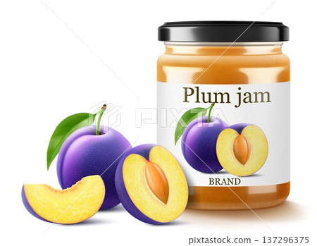 Glass jar with plum jam isolated on white background. Jar of marmalade from juicy blue plums. fresh fruits with leaves. Organic food. Label mockup for jam. Realistic 3d vector illustration Glass jar with plum jam isolated on white background. Jar of marmalade from juicy blue plums. fresh fruits with leaves. Organic food. Label mockup for jam. Realistic 3d vector illustration 137296375