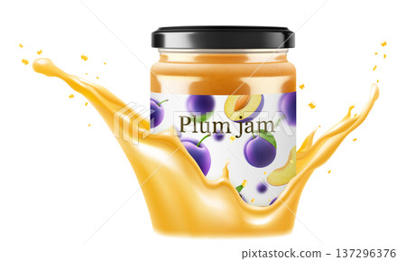 Jar with plum jam in a splash of plum juice. isolated on white background. Homemade plum jam or compote in a glass jar. Realistic 3d vector illustration. Mockup for your brand. 137296376
