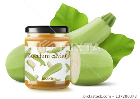 Pickled zucchini caviar in a glass jar isolated on white background. Homemade canned food. Realistic 3d vector illustration. Tasty and healthy vegetable preserves. Mockup of a jar 137296378