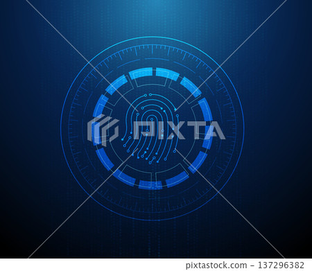Fingerprint formed from circuit lines inside circular structures, creating an abstract digital background. Biometric visualization, identity recognition pattern, data design concept Fingerprint formed from circuit lines inside circular structures, creating an abstract digital background. Biometric visualization, identity recognition pattern, data design concept 137296382