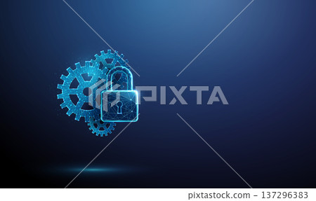 3d blue gears with padlock. System security, operational control, access protection, workflow safeguarding, process monitoring, secure mechanism management concept. 3d blue gears with padlock. System security, operational control, access protection, workflow safeguarding, process monitoring, secure mechanism management concept. 137296383