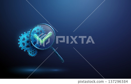 3d gears under magnifying glass cwith green check mark. Process optimization, system performance validation, quality control inspection, workflow monitoring concept. 3d gears under magnifying glass cwith green check mark. Process optimization, system performance validation, quality control inspection, workflow monitoring concept. 137296384