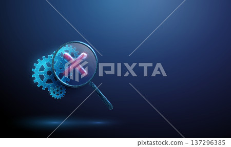 3d gears under magnifying glass with red cross mark Process error identification, workflow disruption assessment, performance issue monitoring, troubleshooting concept 137296385