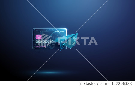 3d bank card with paper airplane. Fast payments, digital transactions, online banking transfer, fintech innovation, seamless money movement, mobile finance concept 137296388