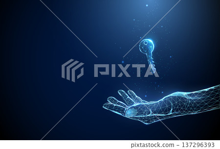 3d blue digital key hovering above open palm. Secure access solution, trusted digital authentication, user authorization control, protected identity management concept. 137296393