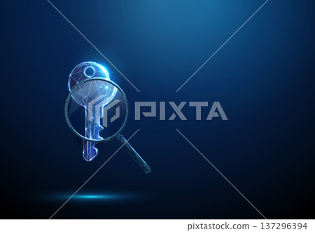 3d blue digital key under magnifying glass Security inspection, access verification, encrypted authentication analysis, identity validation, cybersecurity monitoring, concept. 3d blue digital key under magnifying glass Security inspection, access verification, encrypted authentication analysis, identity validation, cybersecurity monitoring, concept. 137296394