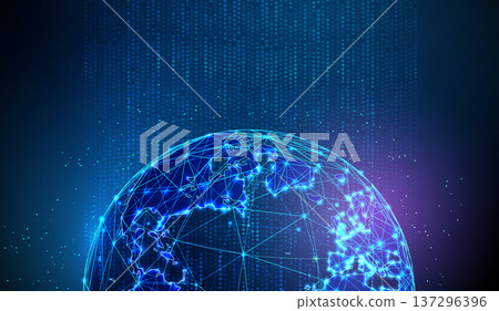3d blue earth globe in flowing data stream. Global data exchange, digital connectivity, information transfer, technology integration, worldwide analytics concept. 3d blue earth globe in flowing data stream. Global data exchange, digital connectivity, information transfer, technology integration, worldwide analytics concept. 137296396