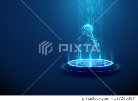 3d blue digital key hovering above futuristic podium within vertical data stream. Secure access showcase, encrypted digital entry, cybersecurity infrastructure concept. 137296397