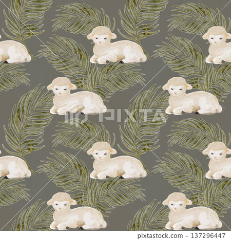 Seamless pattern with lamb and palm leaves, hand-painted watercolor, calm Christian composition for Easter design, faith branding, textiles, packaging, stationery, seasonal backgrounds. Natural tones 137296447