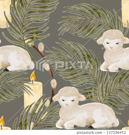 Watercolor seamless pattern with lambs, palm leaves, pussy willow branches, candles on muted green background, hand-painted in natural tones, Christian Easter and Palm Sunday design for fabric decor Watercolor seamless pattern with lambs, palm leaves, pussy willow branches, candles on muted green background, hand-painted in natural tones, Christian Easter and Palm Sunday design for fabric decor 137296452