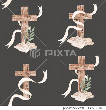 Wooden cross with bread, linen cloth, clay cup, linen cloth and flowing ribbon watercolor seamless pattern on gray. Religious compositions, suitable for Lent designs, communion, eucharist, packaging 137296465