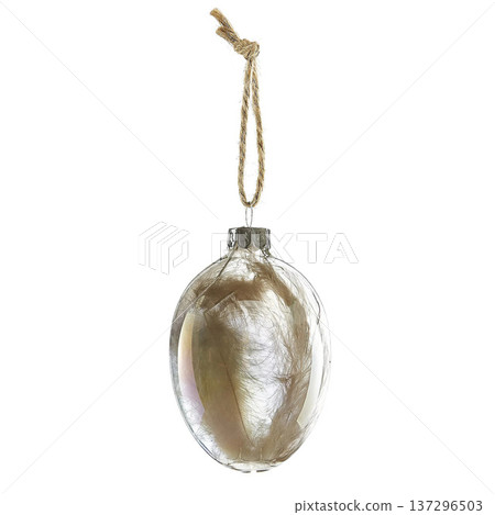 Glass Hanging Egg Ornament with Feathers Inside Isolated on White 137296503