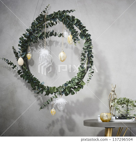 Easter Interior Wreath with Hanging Glass Eggs Easter Interior Wreath with Hanging Glass Eggs 137296504