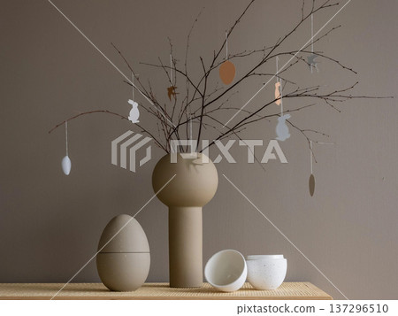 Easter Interior Composition with Bare Tree Branches in Pot 137296510
