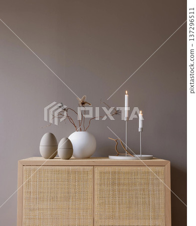 Easter Interior Composition with Bare Tree Branches in Pot 137296511