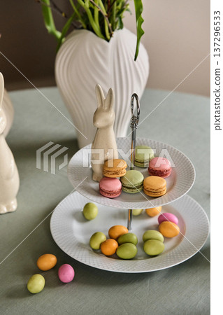 Macaron Cookies on Stand with Easter Rabbit Macaron Cookies on Stand with Easter Rabbit 137296533