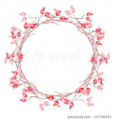 A wreath of rose hips and branches. Isolated watercolor illustration for herbal tea-themed designs, culinary and nature-related branding, environmental campaigns, and educational materials. 137296763