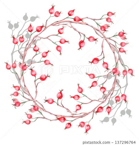 A wreath of bare branches and rose hips. Isolated watercolor illustration for herbal tea-themed designs, culinary and nature-related branding, environmental campaigns, and educational materials. 137296764