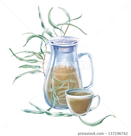 Watercolor illustration of a teapot and cup with eucalyptus tea and branches. Isolated illustration for thematic designs: healthy eating, aromatherapy, spa, cosmetics, natural medicine, herbal cafes. 137296782