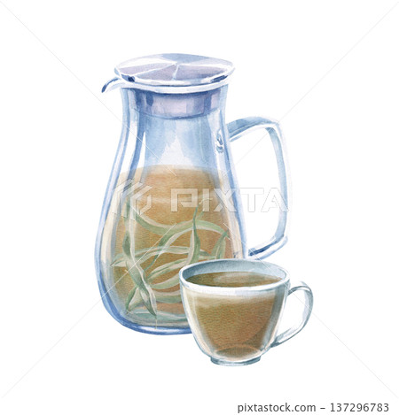 Watercolor illustration of a teapot and cup of eucalyptus tea. Isolated illustration for thematic designs: healthy eating, aromatherapy, spa, cosmetics, natural medicine, herbal cafes. Watercolor illustration of a teapot and cup of eucalyptus tea. Isolated illustration for thematic designs: healthy eating, aromatherapy, spa, cosmetics, natural medicine, herbal cafes. 137296783