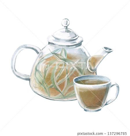 Watercolor illustration of a teapot and cup of eucalyptus tea. Isolated illustration for thematic designs: healthy eating, aromatherapy, spa, cosmetics, natural medicine, herbal cafes. Watercolor illustration of a teapot and cup of eucalyptus tea. Isolated illustration for thematic designs: healthy eating, aromatherapy, spa, cosmetics, natural medicine, herbal cafes. 137296785