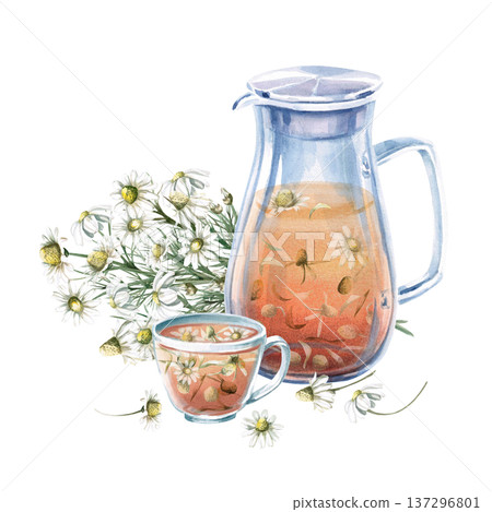 A watercolor illustration of chamomile tea in a pitcher and cup, adorned with fresh flowers. Perfect for designs related to natural beverages, spas, healthy living, restaurants, cafes, and eco-themes. 137296801