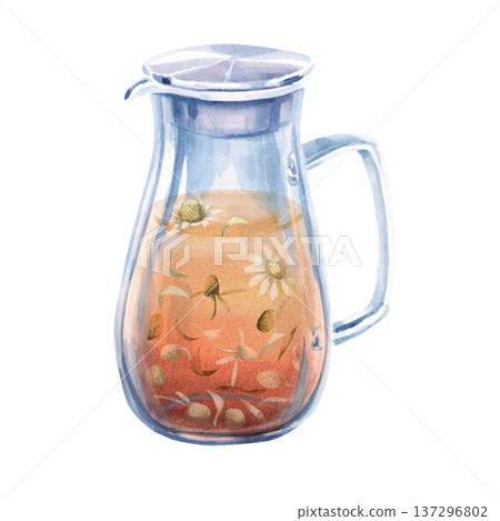 A watercolor illustration of chamomile tea and chamomile flowers in a jug. Perfect for designs related to natural beverages, spas, healthy lifestyles, restaurants, cafes, and eco-themes. A watercolor illustration of chamomile tea and chamomile flowers in a jug. Perfect for designs related to natural beverages, spas, healthy lifestyles, restaurants, cafes, and eco-themes. 137296802