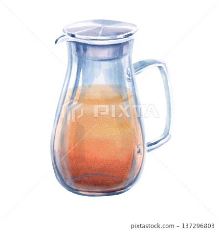 A watercolor illustration of chamomile tea in a jug. Perfect for designs related to natural beverages, spas, healthy lifestyles, restaurants, cafes, and eco-themes. A watercolor illustration of chamomile tea in a jug. Perfect for designs related to natural beverages, spas, healthy lifestyles, restaurants, cafes, and eco-themes. 137296803