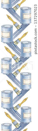 Vertical seamless border with cans of paint, brushes and stripes of blue paint on an isolated background. Watercolor illustration with working tools. Realistic drawing for the design of repair shops Vertical seamless border with cans of paint, brushes and stripes of blue paint on an isolated background. Watercolor illustration with working tools. Realistic drawing for the design of repair shops 137297023