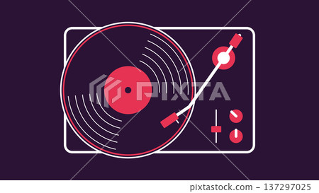Vintage vinyl record player made from shapes plays music on a dark background. Retro style. Top view. Vintage vinyl record player made from shapes plays music on a dark background. Retro style. Top view. 137297025