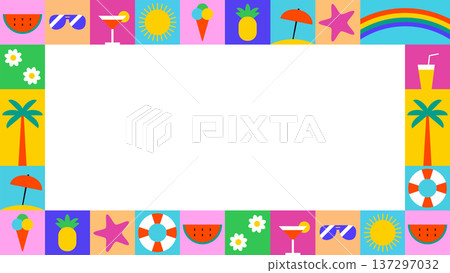 Big frame with summer geometric, minimalist, beach and tropical icons, simple shapes. A shapely abstract background with symbols of summer and summer holidays. Frame with alpha channel. Big frame with summer geometric, minimalist, beach and tropical icons, simple shapes. A shapely abstract background with symbols of summer and summer holidays. Frame with alpha channel. 137297032