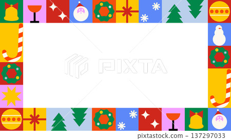 Big frame with Christmas geometric, minimalist, holiday icons, simple shapes. A shapely abstract background for Christmas and New Year holidays. Frame with alpha channel. 137297033