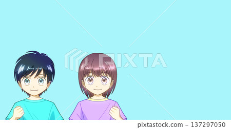 動漫風格的插畫，描繪了一對身著夏裝的男孩和女孩，他們擺出笑容燦爛的姿勢。 137297050