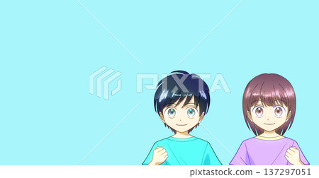 Anime-style illustration of a boy and girl wearing summer clothes and making a fist pump with a positive expression Anime-style illustration of a boy and girl wearing summer clothes and making a fist pump with a positive expression 137297051