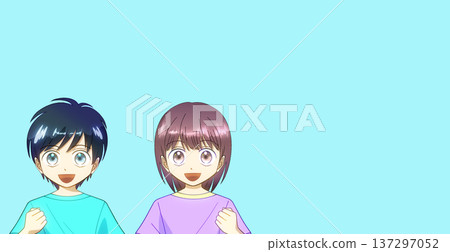動漫風格的插畫，描繪了一男一女身穿夏裝，面帶微笑，同時揮舞著拳頭。 137297052