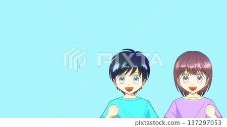 動漫風格的插畫，描繪了一男一女身穿夏裝，面帶微笑，同時揮舞著拳頭。 137297053