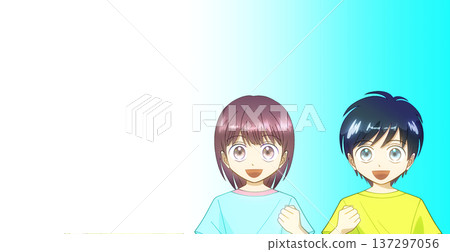 Anime-style illustration of a boy and girl wearing summer clothes and smiling while making a fist pump, gradient background 137297056