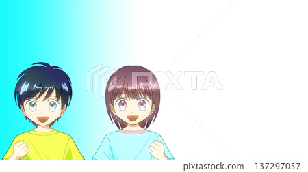 動漫風格的插畫，描繪了一男一女身著夏裝，面帶微笑地揮舞拳頭，背景為漸變色。 137297057