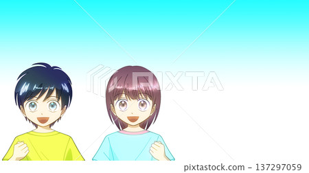 動漫風格的插畫，描繪了一男一女身著夏裝，面帶微笑地揮舞拳頭，背景為漸變色。 137297059