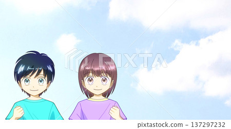 An anime-style illustration of a boy and girl wearing summer clothes and raising their fist in the air with positive expressions against a wide blue sky An anime-style illustration of a boy and girl wearing summer clothes and raising their fist in the air with positive expressions against a wide blue sky 137297232