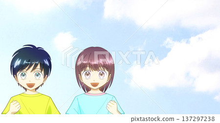 An anime-style illustration of a boy and girl wearing summer clothes and smiling, raising their fist in the air against a wide blue sky 137297238