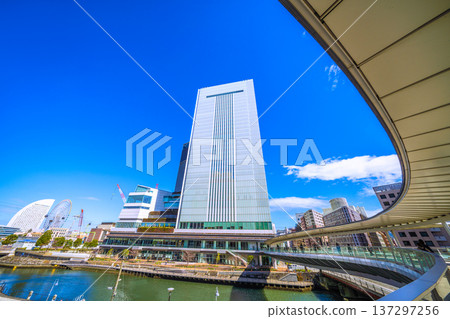 Yokohama cityscape, Japan, March 4th. View of Yokohama City Hall and the ropeway. 137297256