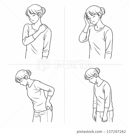 Illustration of a woman suffering from chronic fatigue, headache, back pain, and stiff shoulders | Simple line drawing Illustration of a woman suffering from chronic fatigue, headache, back pain, and stiff shoulders | Simple line drawing 137297262