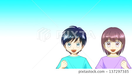 動漫風格的插畫，描繪了一男一女身著夏裝，面帶微笑地揮舞拳頭，背景為漸變色。 137297385