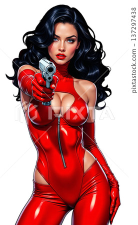 The image is a digital illustration of a girl with dark hair in a red, skin-tight latex suit, aiming a gun 137297438