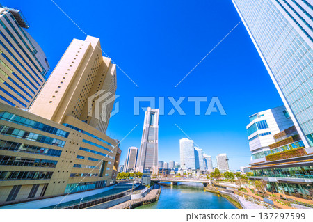 Yokohama cityscape, Japan, March 4th. View of Yokohama City Hall, the ropeway, Yokohama Landmark Tower, etc. 137297599